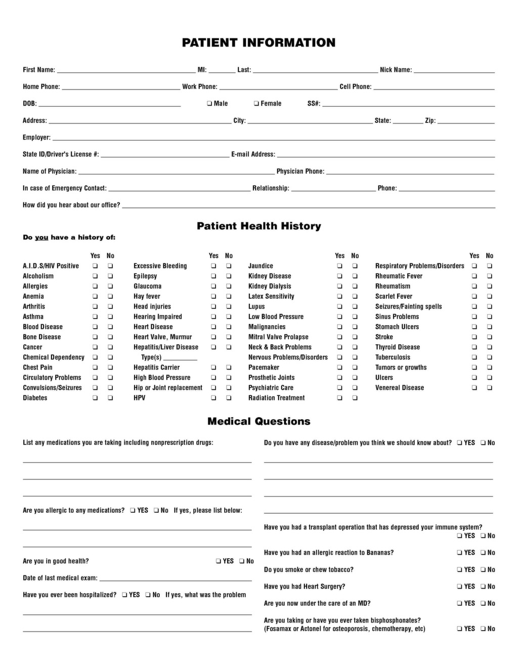 Dental Office New Patient Forms
